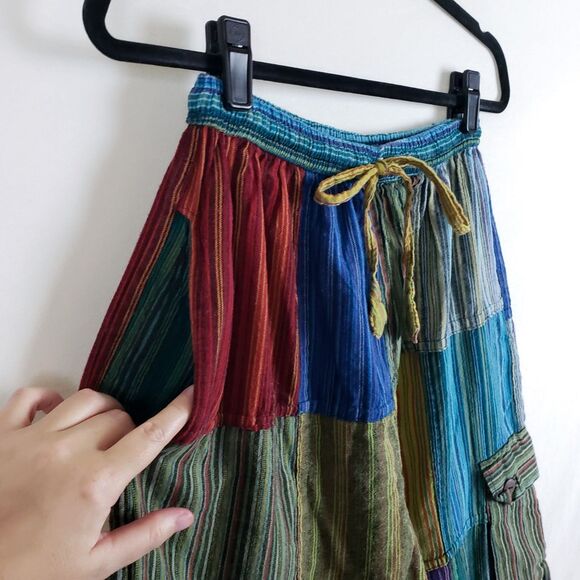 Jayli Hippie Short Mens L Festival Patchwork Striped Cargo Handmade Nepal - Picture 2 of 10
